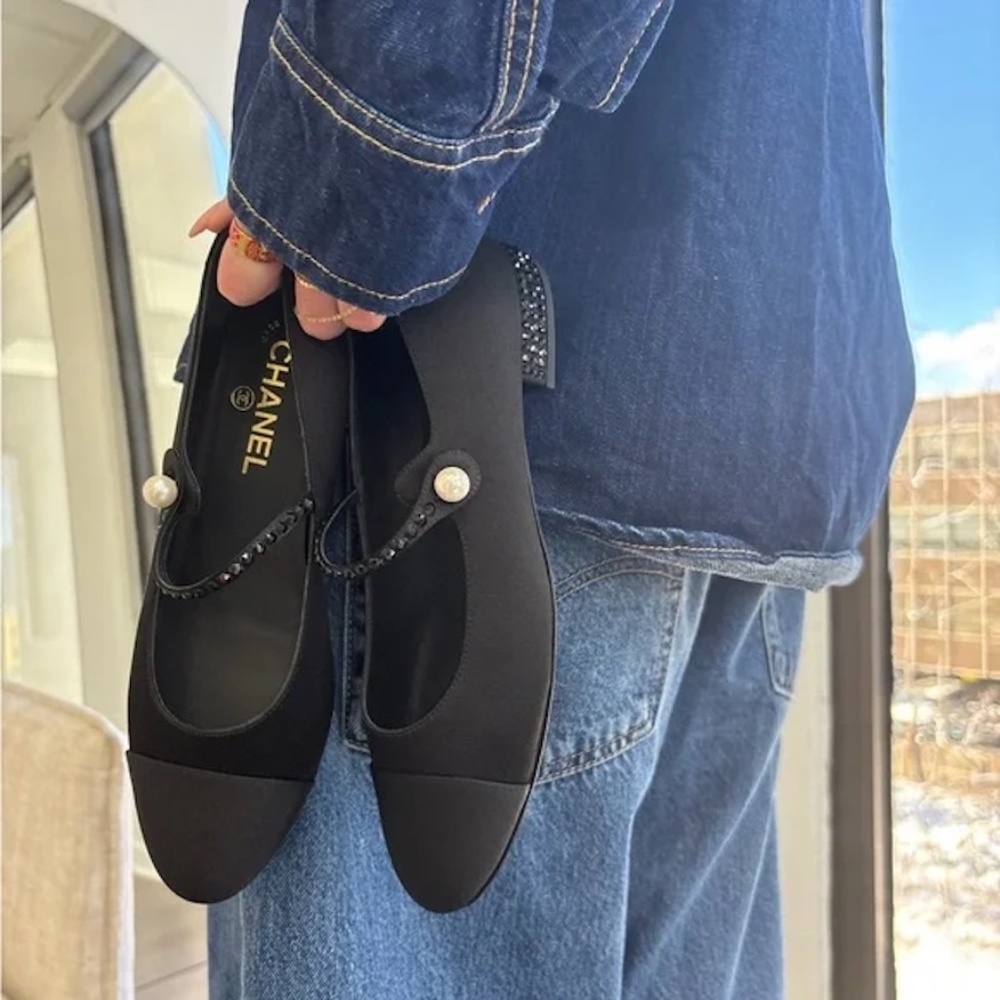 Chanel 24B Black Silk Crystal CC Logo Mary Jane Strap Ballerina Ballet Flat 38.5 - Picture 5 of 15